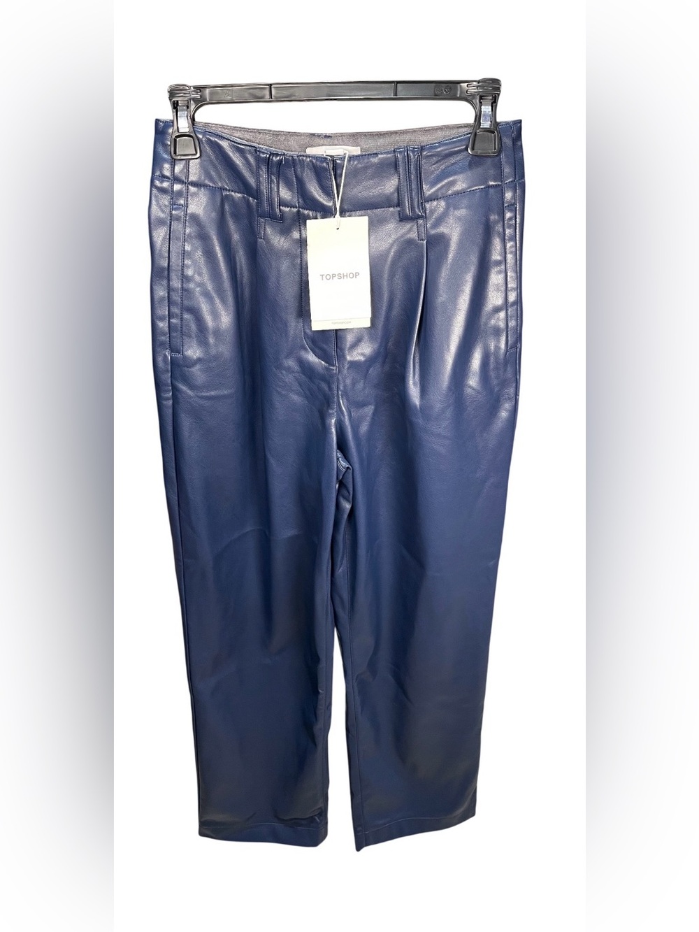 TOPSHOP Navy Faux Leather Straight-Leg Pants